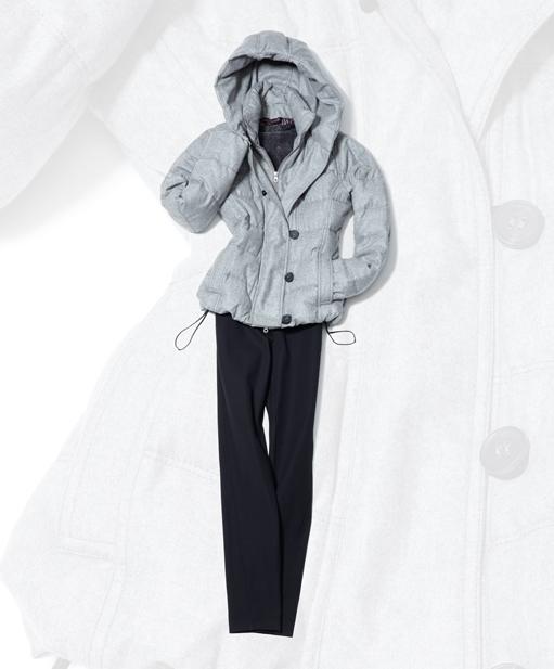 Duvetica flannel quilted down coat, $945. Joseph Jo stretch gabardine pant, $345.